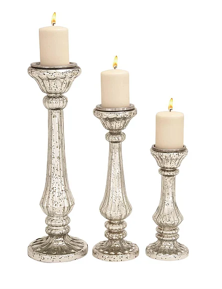 UMA Silver Glass Handmade Turned Style Pillar Decorative Candle Holder, Set of 3 21, 17, 12H | 28884