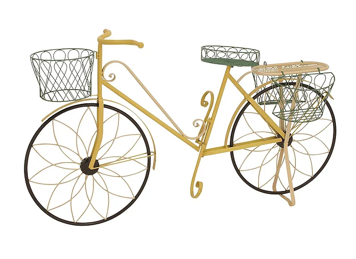 UMA Yellow Metal Bike Scrollwork And Wire Design Indoor Outdoor Plantstand with Basket and Saddle Bag Planters, 54" x 18" x 32" | 28947