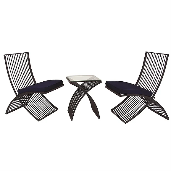 UMA Black Metal Small Folding Outdoor Seating Set with Navy Cushions, Set of 3 21W, 34H | 29013 CLOSEOUT