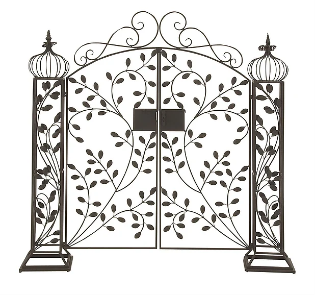 UMA Black Metal Indoor Outdoor Scrollwork Arched Gate Garden Arbor with Vines and Latch Lock Closure, 70" x 15" x 65" | 29085