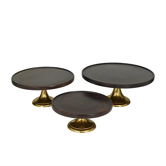 UMA Dark Brown Mango Wood Decorative Cake Stand with Gold Aluminum Bases, Set of 3 14, 12, 10W | 29206 CLOSEOUT