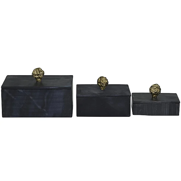 UMA Black Marble Decorative Box with Gold Finial, Set of 3 9, 7, 6W | 29218