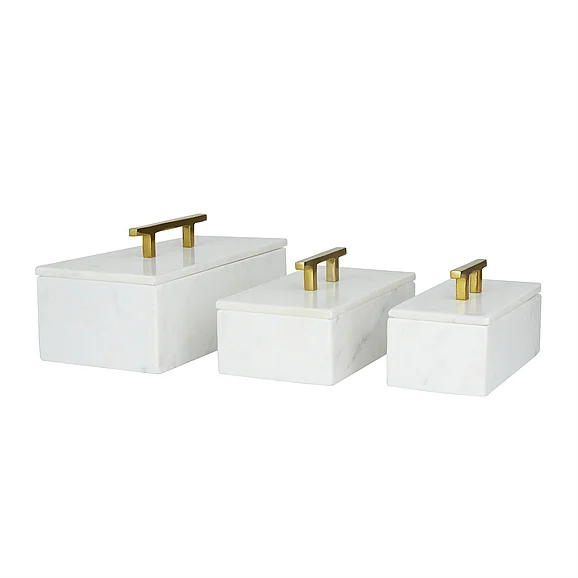 UMA White Marble Decorative Box with Gold Bar Handles, Set of 3 12, 10, 8W | 29219