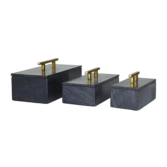 UMA Black Marble Decorative Box with Gold Bar Handles, Set of 3 12, 10, 8W | 29220
