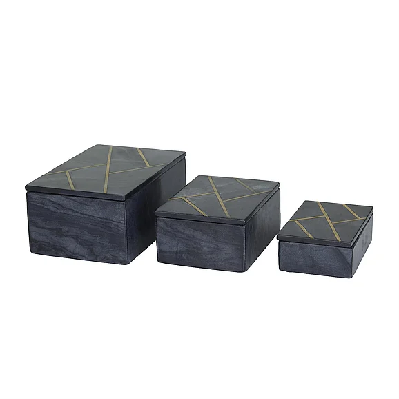UMA CosmoLiving by Cosmopolitan Black Marble Decorative Box with Gold Linear Lines, Set of 3 9, 7, 6W | 29222 CLOSEOUT