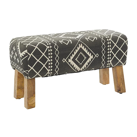 UMA Black Fabric Tribal Upholstered Home Bench with Wood Legs, 33" x 15" x 18" | 29241