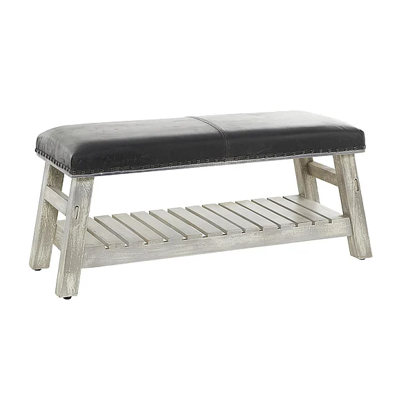 UMA Black Leather Home Bench with Lower Shelf, 42" x 17" x 19" | 29245