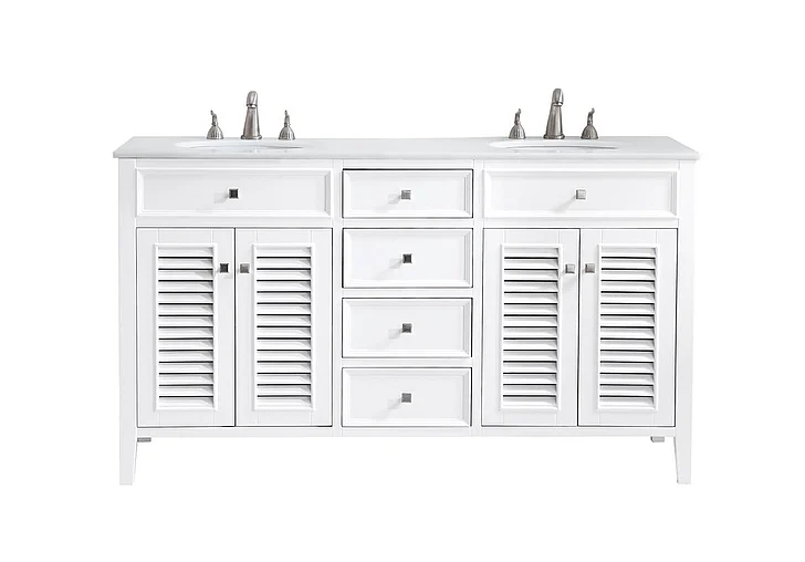 Elegant 60 In. Double Bathroom Vanity in White with Ivory White Engineered Marble VF-1042-VW