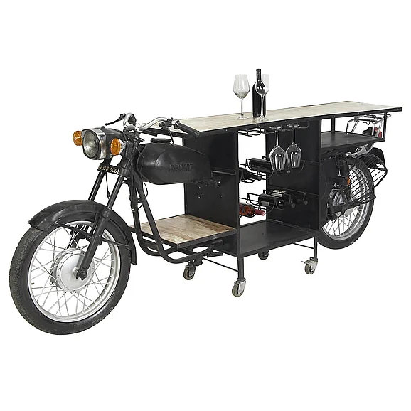 UMA Black Metal Handmade One-of-a-Kind Reclaimed Motorcycle Bar with Light Up Headlights and Taillights, 105" x 18" x 38" | 29427