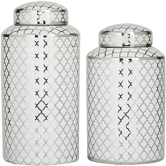UMA Silver Ceramic Geometric Living Room Decorative Jars with Silver accents, Set of 2 14, 12H | 29623 CLOSEOUT