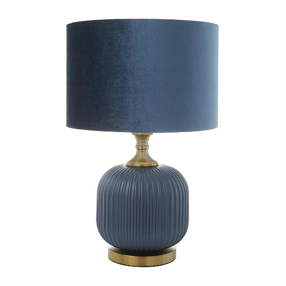 UMA Blue Glass Ribbed Room Table Lamp with Velvet Shade and Gold Accents, 13 x 13 x 20 | 29666