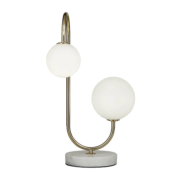 UMA Gold Metal Curved Orb 2 Light Room Table Lamp with White Glass Shades and Marble Base, 10 x 11 x 18 | 29690
