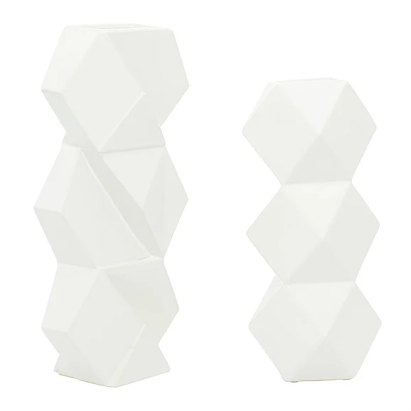 UMA CosmoLiving by Cosmopolitan White Ceramic Faceted Decorative Vase with Diamond Shapes, Set of 2 16, 13H | 29732 CLOSEOUT