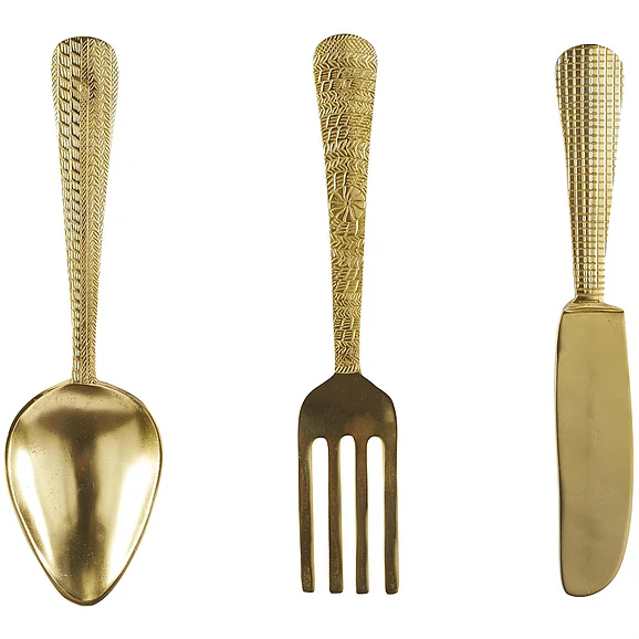 UMA Gold Aluminum Metal Utensils Knife, Spoon and Fork Home Wall Decor, Set of 3 4W, 23H | 29970