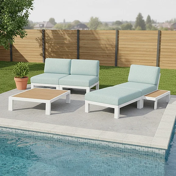 Chromcraft Newport Outdoor Modular Ottoman in Bluepoint Lagoon Fabric with White Metal