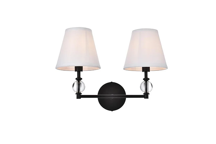 Elegant Bethany 2 Lights Bath Sconce in Black with White Fabric Shade LD7022W15BK