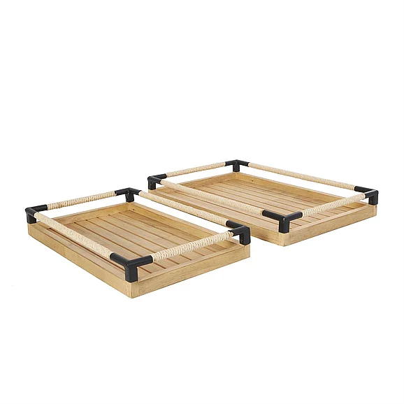 UMA Brown Wood Slatted Living Room Decor Tray with Elevated Woven Sides and Black Metal Corners, (Set of 3) 19, 16W | 30124
