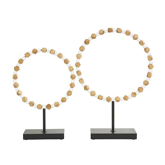 UMA Brown Wood Geometric Geometric Beaded Ring Decorative Sculpture with Black Metal Stands, Set of 2 19, 16H | 30135 CLOSEOUT
