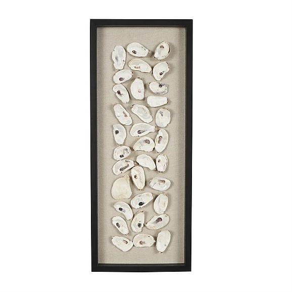 UMA Cream Shell Shell Handmade Abstract Home Wall Decor with Beige Linen Backing and Black Frame, 12" x 2" x 30" | 30159