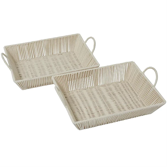 UMA Cream Cotton Fabric Handmade Woven Living Room Decor Tray with Handles, Set of 2 18W, 17W | 30275 CLOSEOUT