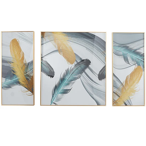 UMA CosmoLiving by Cosmopolitan Blue Porcelain Ceramic Bird Feathers Wall Decor with Gold Aluminum Frame, Set of 3 32, 16, 16W | 30283 CLOSEOUT