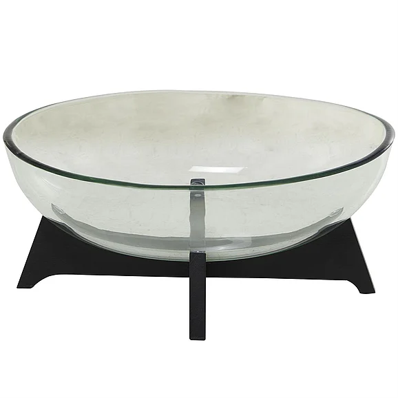 UMA Clear Glass Kitchen Serving Bowl with Black Wooden Base, 18" x 13" x 8" | 30329 CLOSEOUT