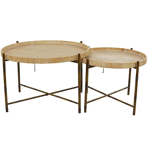 UMA Brown Rattan Nesting Living Room Coffee Table with Metal Bamboo Inspired Legs, (Set of 2) 20, 18H | 30340