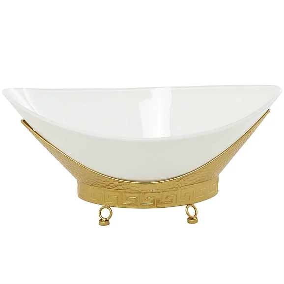 UMA CosmoLiving by Cosmopolitan White Glass Kitchen Hammered Serving Bowl with Gold Metal Stand and Ring Feet, 23" x 14" x 11" | 30341 CLOSEOUT