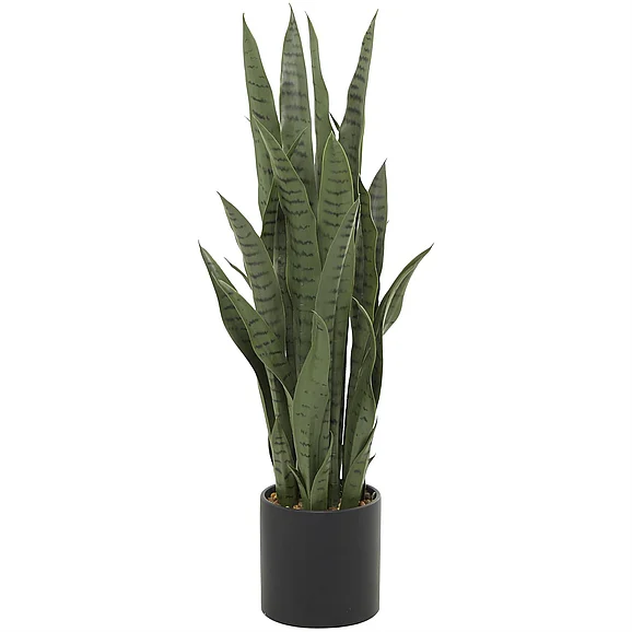 UMA Green Faux Foliage Snake Indoor Outdoor Artificial Plant with Black Porcelain Pot and Stone Details, 14" x 14" x 36" | 30368