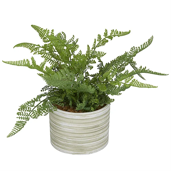 UMA Green Faux Foliage Fern Indoor Outdoor Artificial Plant with Realistic Leaves and Patterned Round Pot, 13" x 12" x 11" | 30376