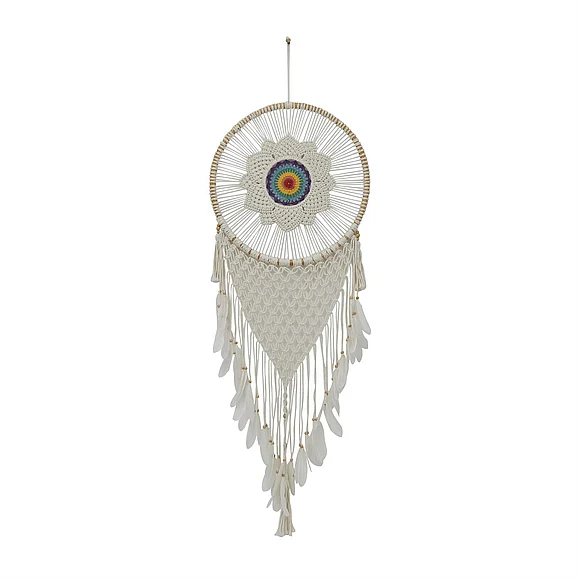 UMA White Cotton Fabric Macrame Handmade Intricately Woven Dreamcatcher Wall Decor with Beaded Fringe Tassels, 21" x 1" x 63" | 30386 CLOSEOUT