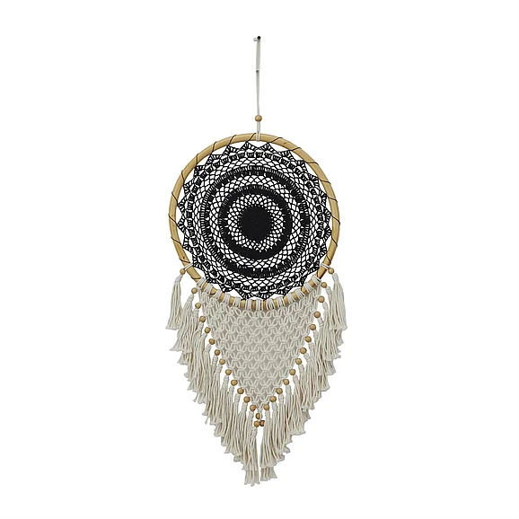 UMA Black Cotton Fabric Macrame Handmade Intricately Woven Dreamcatcher Wall Decor with Beaded Fringe Tassels, 16" x 0" x 42" | 30390 CLOSEOUT