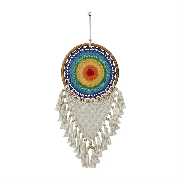 UMA Multi Colored Cotton Fabric Macrame Handmade Intricately Woven Dreamcatcher Wall Decor with Beaded Fringe Tassels, 13" x 1" x 33" | 30391