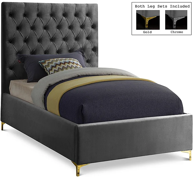 Meridian Cruz Velvet Twin Bed in Grey Velvet CruzGrey-T