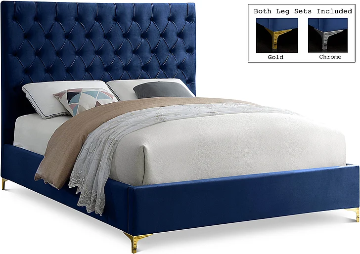 Meridian Cruz Velvet Queen Bed in Navy Velvet CruzNavy-Q
