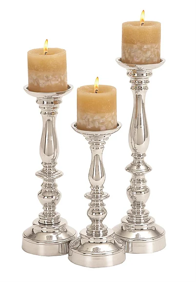 UMA Silver Aluminum Metal Decorative Candle Holder, Set of 3 14, 12, 10H | 30919