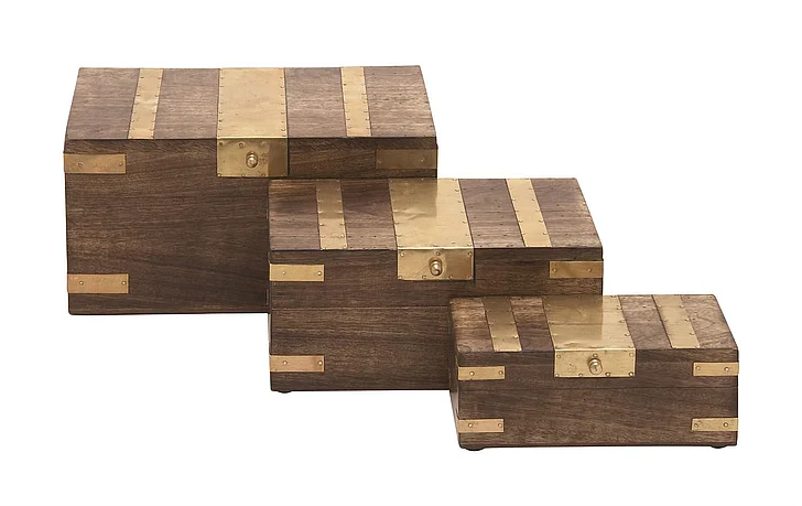 UMA Dark Brown Mango Wood Storage Decorative Box with Gold Metal Strips, Set of 3 8, 10, 12W | 30942