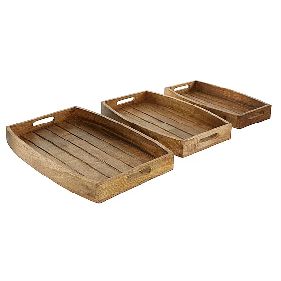 UMA Brown Mango Wood Living Room Decor Tray with Slot Handles, Set of 3 16, 18, 20W | 30956