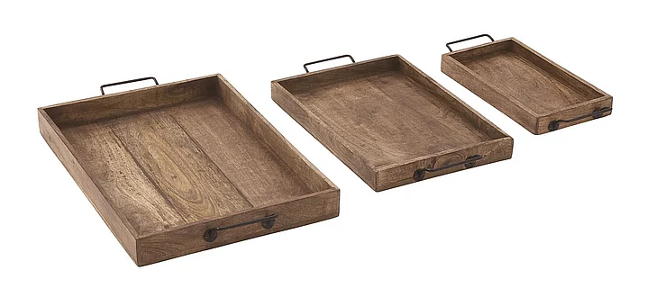 UMA Brown Mango Wood Minimalistic Rectangular Living Room Decor Tray with Black Metal Handles, (Set of 3) 17, 20, 24W | 30959
