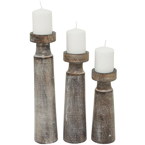 UMA Dark Brown Mango Wood Handmade Decorative Candle Holder with Whitewashed Cream Backing, Set of 3 10, 14, 18H | 30972