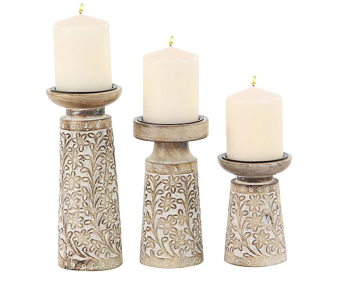 UMA Brown Mango Wood Floral Handmade Carved Pillar Decorative Candle Holder with Whitewashed Cream Backing, Set of 3 6, 8, 10H | 30974