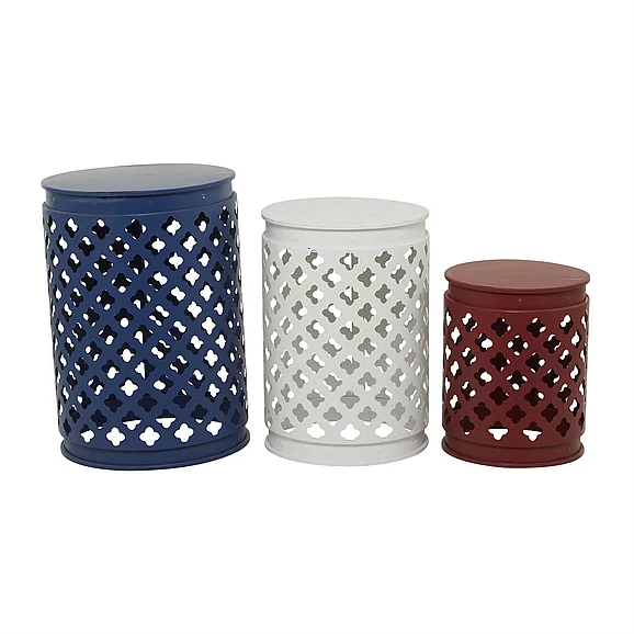 UMA Multi Colored Metal Indoor Outdoor Stackable Nesting Accent Table with Laser Carved Trellis Design, Set of 3 23, 19, 15H | 31057 CLOSEOUT