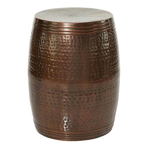 UMA Brown Metal Handmade Drum Shaped Side End Accent Table with Hammered Design, 14" x 14" x 19" | 31331