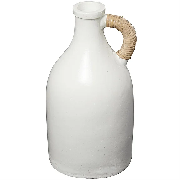 UMA White Ceramic Jug Inspired Decorative Vase with Rattan Wrapped Handle, 10" x 10" x 18" | 31353 CLOSEOUT