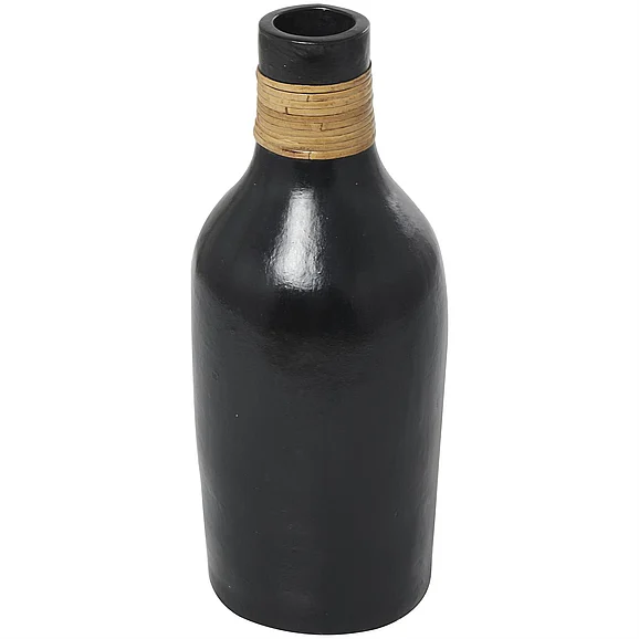 UMA Black Ceramic Decorative Vase with Wrapped Rattan Detailing, 8" x 8" x 19" | 31354 CLOSEOUT