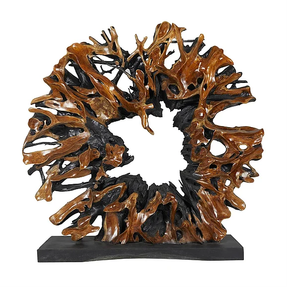 UMA Brown Teak Wood Abstract Handmade Large Oversized Tree Root Floor Decorative Sculpture with Live Edge Teak Base, 77" x 15" x 75" | 31365