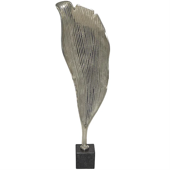 UMA Silver Aluminum Metal Leaf Textured Abstract Decorative Sculpture with Black Marble Base, 11" x 4" x 36" | 31599 CLOSEOUT