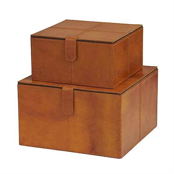 UMA Brown Leather Handmade Storage Decorative Box with Snap Front Closure and Detailed Stitching, (Set of 2) 10, 8W | 31690