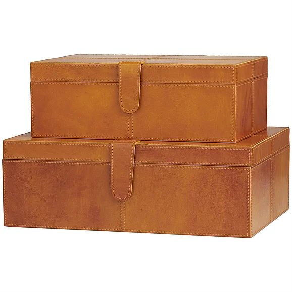 UMA Brown Leather Handmade Storage Decorative Box with Snap Front Closure and Detailed Stitching, Set of 2 17, 14W | 31701