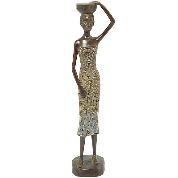 UMA Brown Polystone Woman Standing African Decorative Sculpture with Intricate Details, 5" x 4" x 22" | 31818 CLOSEOUT